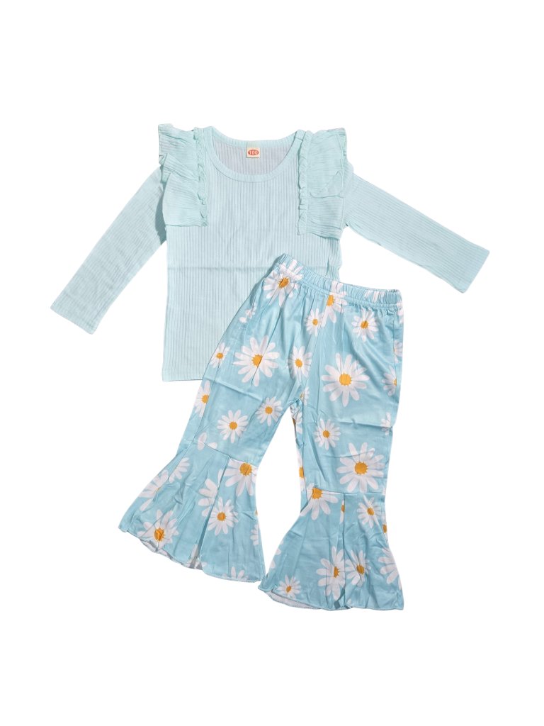 Nwot | 2-Piece Light Blue Daisy Flower Ruffle Top & Flare Pants Set | 2-3t